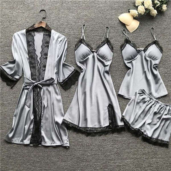 Ny Svart Spets Mode Kvinnor Sovkläder Med Bröstkuddar Nattlinne Kort Kofta Set Pyjamas Grå Gray XL