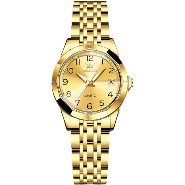 Klassiker Dame Armbåndsur i Rustfritt Stål Elegant Analog Kvartsur Vannresistent Klokker Lysende Dato Kalender Klokker Gull Gold