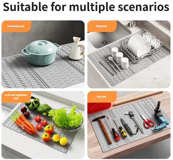 Rektangulær vaskemåtte - Silikone drænmåtte til bordplader - Stor foldbar tredobbelt drænmåtte - Tørremåtte med kroge - Grå - 60x40 tommer