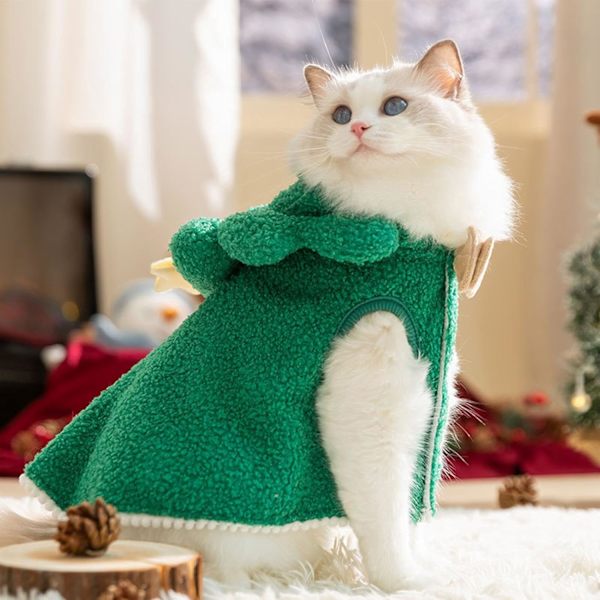Julekappe til kat og hund med tegneseriehat, hyggelige festlige kæledyrs tøj til katte og hvalpe Green S