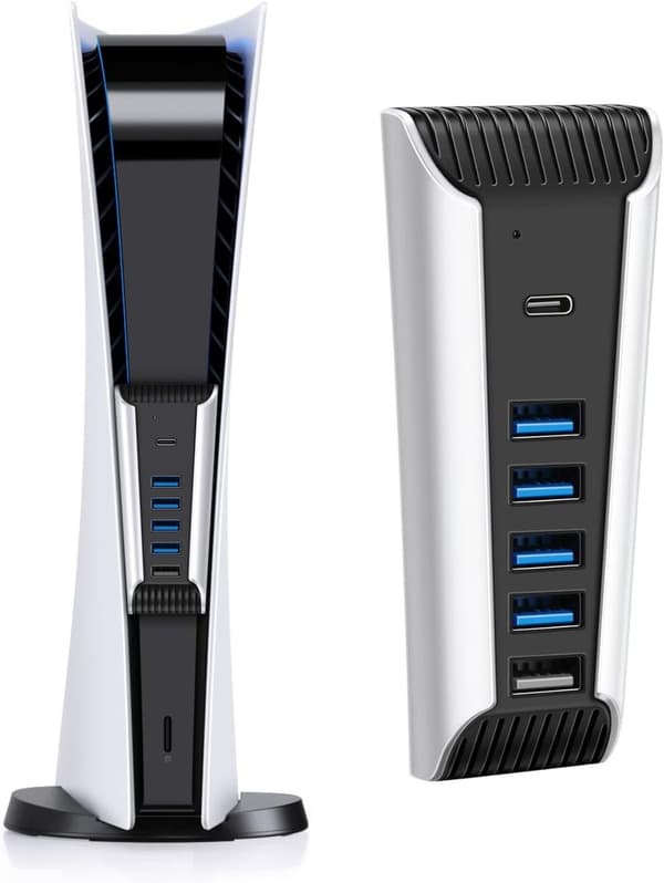 PS5 USB Hub Adapter, 4 USB 2.0-porte, USB Type-C 3.1 og opladningsport, til PS5 UHD og Digital Edition-konsoller