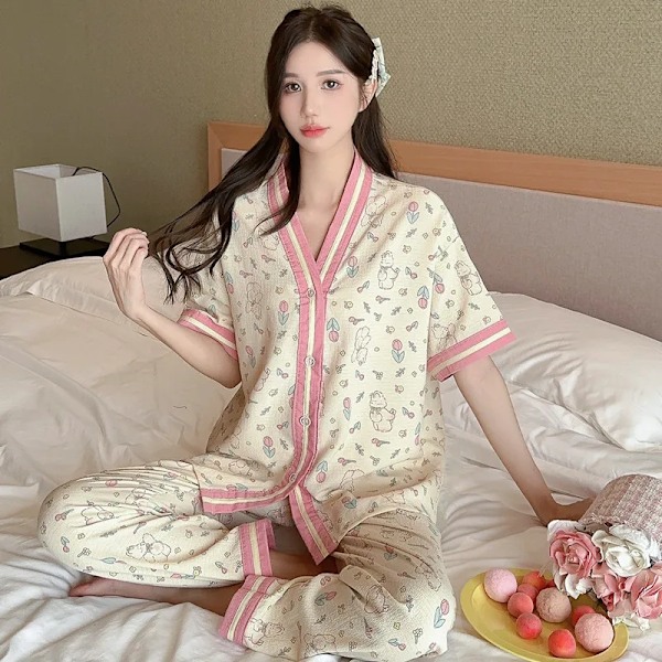 2 stk./sæt Stora Koreansk Version af den Casual Classic Sød Lille Blomsterpyjamas Kortærmede Lange Bukser Svære Hjemmetøj 2307 2XL