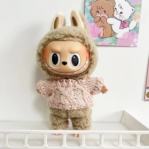 Rosa snoet sweater (kun tøj), 17 cm vedhæng blind box macaron Labubu Time to chill dukketøj