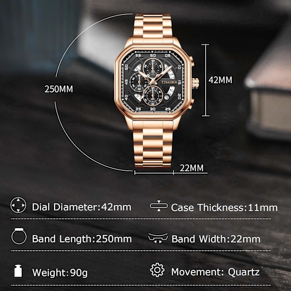Analog Kvarts Herrklocka Mode Multifunktionell Armbandsur Kronograf Luminous Watch Män Stål Herrklocka Kvadratisk Fritidsklocka Guld A Gold A