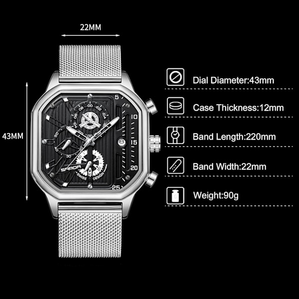 Klokker Fashion Square Håndleddklokke Lysende Analog Klokker Multifunksjonell Kronograf Klokker Fritids Rustfritt Stål Herreklokke Svart Sølv B Black silver B