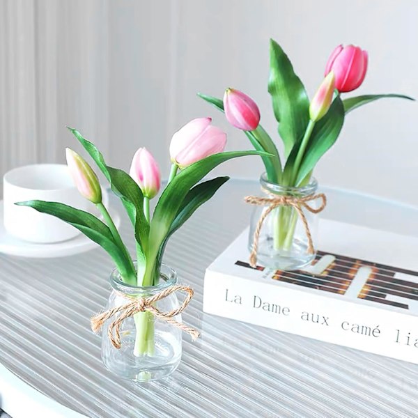 2-pak rosa tulipaner i glassvase med kunstig vann, ekte berøringsblomster for hjemmeinnredning Dark Pink+light Pink