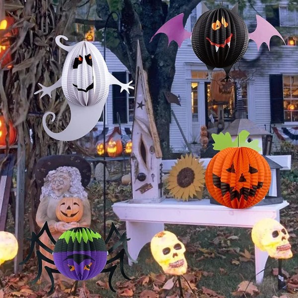4 st papperslykta Halloween-dekor - spöke, pumpa, spindel, fladdermus