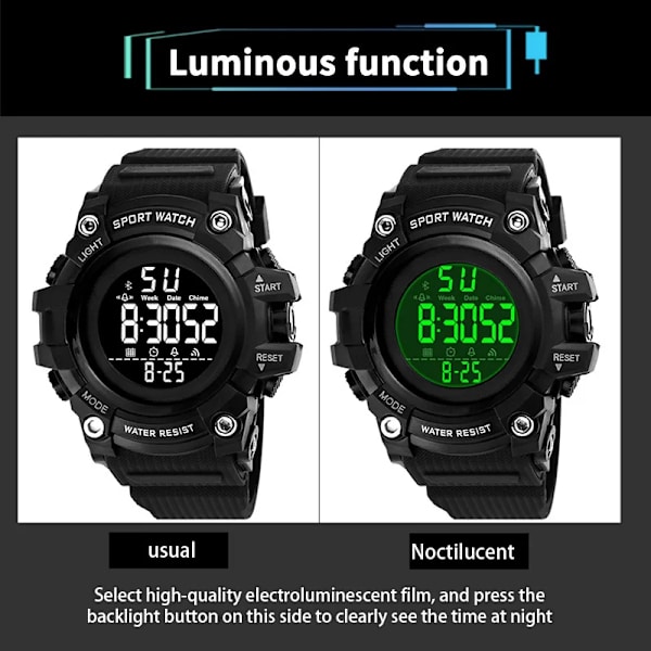 Sport Watch Multifunktion Militär Watch Vækkeur Stor urskive Digitale ure Vandtæt elektronisk armbåndsur Sort