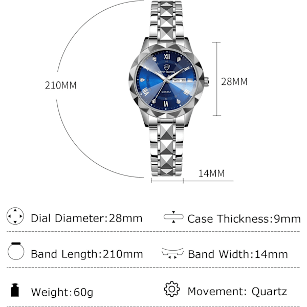 Enkel Dame Armbåndsur i Rustfrit Stål Elegant Analog Kvarts Lysende Blå B Blue B
