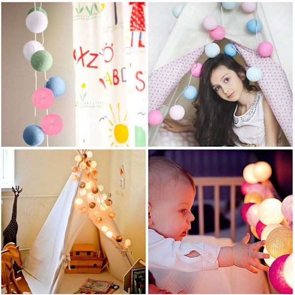 Bomuldsbolde lyskæde, 3,3 m bomuldsbolde lyskæde, 20 LED bolde lyskæde, lyskæde, LED lyskæde til børneværelse, soveværelse, jul, bryllup, fest Macaron USB