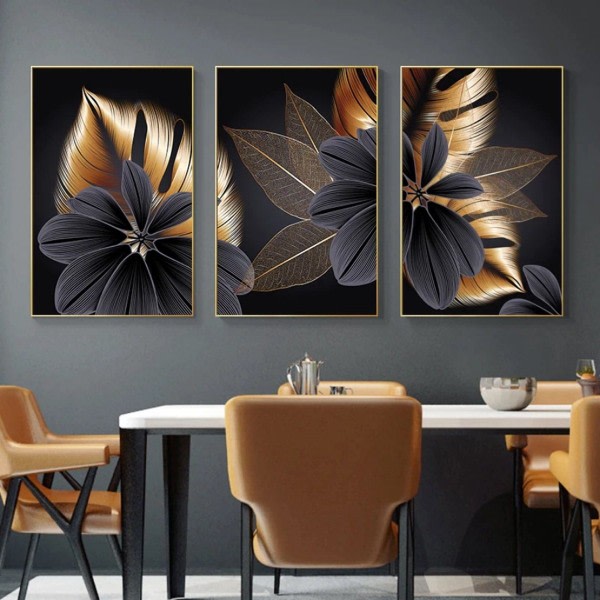 Lyxaffisch Canvas - Väggbilder/Gyllene svarta löv Ramlösa mönstrade set om 3 (15*20 cm)