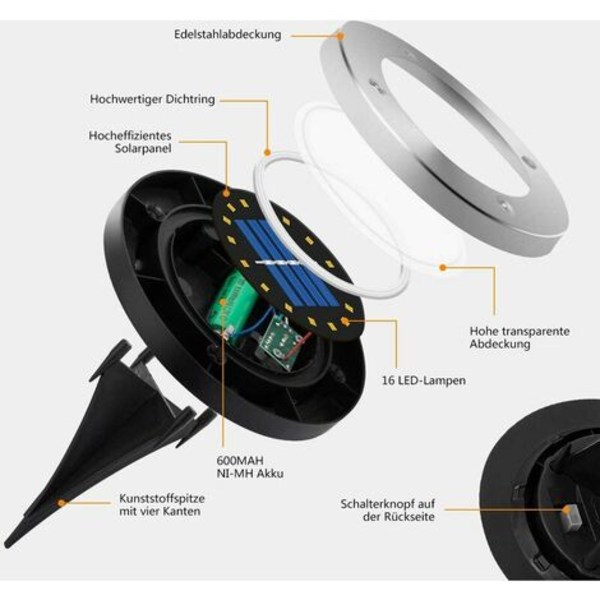 6-pak solcelledrevne 16 LED utendørs hagelamper IP65 vanntett plen stibelysning Cool White