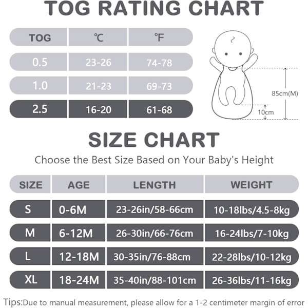 Baby Vintersovsäck 2,5 Tog | 100% Bomull | Storlekar för Nyfödda till 18 Månader | Året Runt Användning Bear 12-18 months