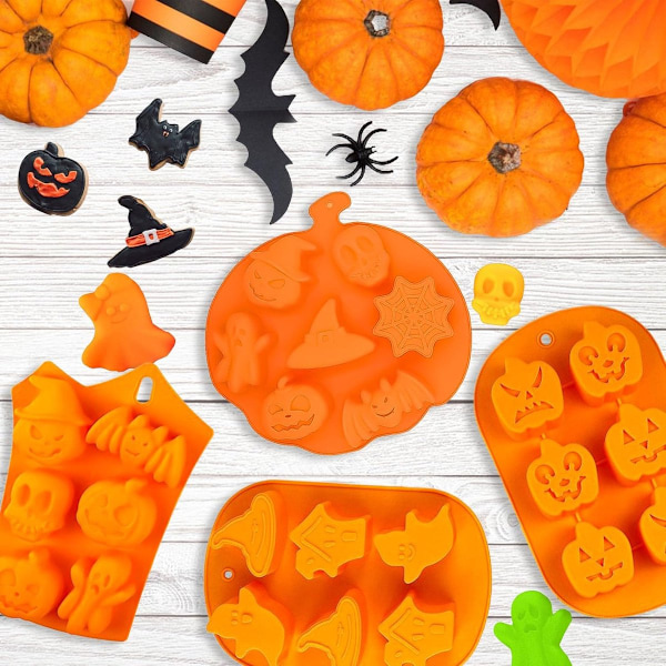 4 Halloween Bageforme - Silikone Chokoladeforme - Græskar/Kranie/Heks/Spøgelse Former - til Slik, Gelé - Orange
