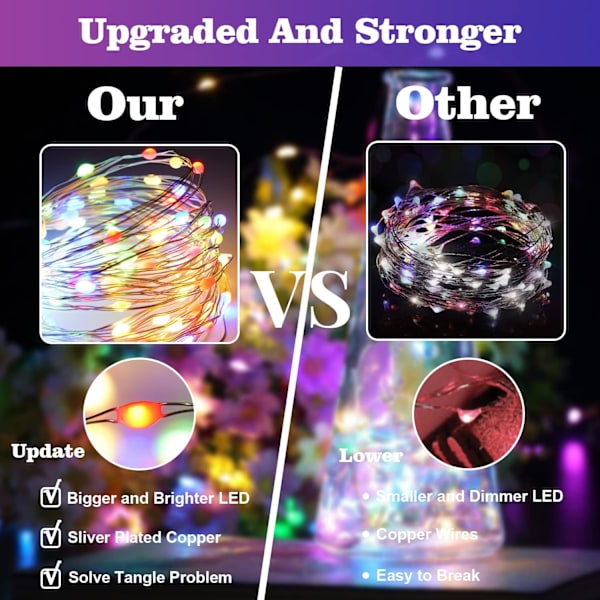 4-pakke 20 fot LED flerfargede fe-lys, batteridrevet, vanntett, 8 moduser for fester Multicolor