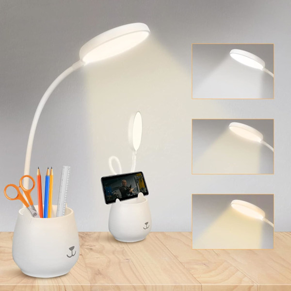 Kirjoituspöytälamppu, silmäystävällinen LED-pöytälamppu puhelintelineellä ja kynätelineellä