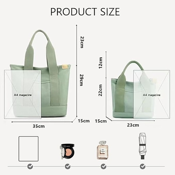 Håndveske i canvas, tote bag dame skulderveske dame, canvas tote bag skulderveske shopper med glidelås for hverdagsbruk, skole, shopping, arbeid, reise grön