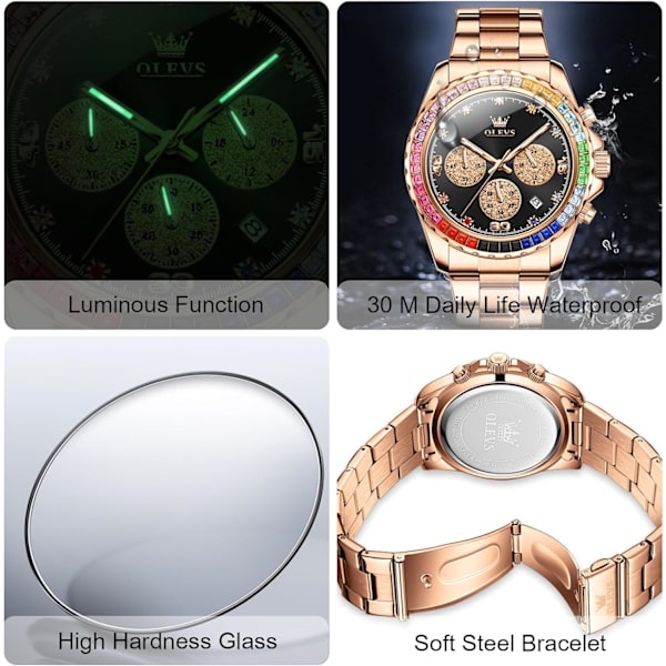 Herremode Armbåndsur Elegant Multifunktionelt Ur Analogt Kvartsur Diamant Rustfrit Stål Armbåndsur Chronograph Lysende Ur Guld Sort Gold black