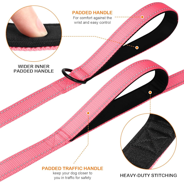 Solid Hundefører med Dobbelt Håndtak, Refleks for Trafikkontroll, 4FT, Rosa Pink 5 ft 2 Handle