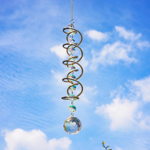WJ12317,7 tuuman värikäs katseenvangitsija spiraalihäntä, kristalli-tuulikello aurinkosieppari, kaksoisspiraali kahdeksankulmaisilla helmillä ja ketjulla, sateenkaari 9 Colorful Beads