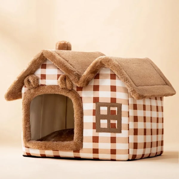 Andningsbar varm plysch husdjurssäng Hus avtagbar tvättbar mjuk kattkudde Kennel för små hundar Katter Husdjurstillbehör Brun björn M(44x36x39cm)