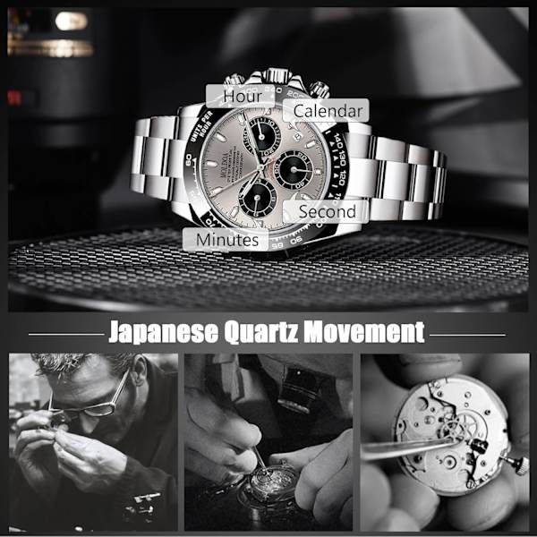 Casual Kvartsur för Män Mode Rostfritt Stål Armbandsur Luminous Analog Armbandsur Vattentät Datum Kalender Klocka Silvergrå Silver gray