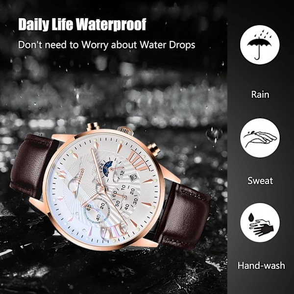 Multifunktionelt Herre-ur Business Analogt Kvartsur Sports Chronograf Armbåndsur 3ATM Lysende Ur, Hvid Brun a, L, Armbånd