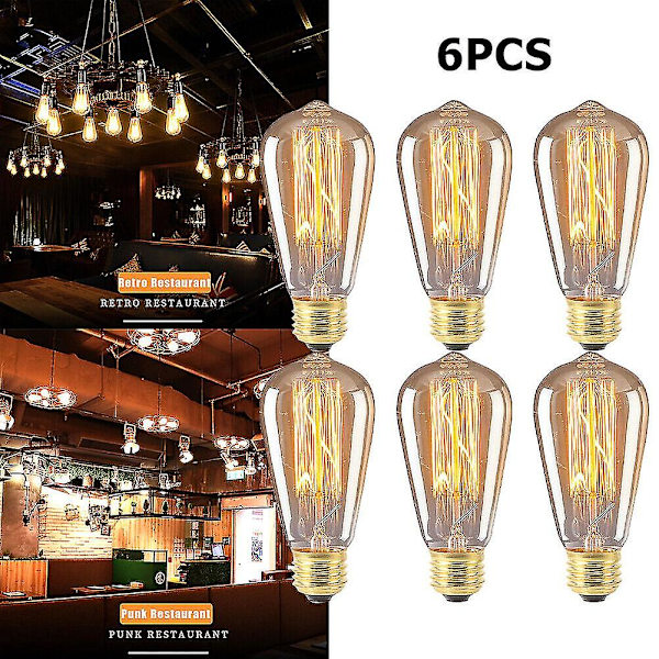 6 stk Vintage Retro St64 E27 Edison-glødepærer 40w Glødetrådslampe Varm Hvid [DB]