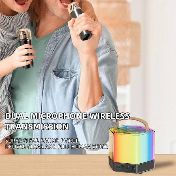 Bærbar Karaoke-maskin | LED-høyttaler med 2 trådløse mikrofoner for fester Black