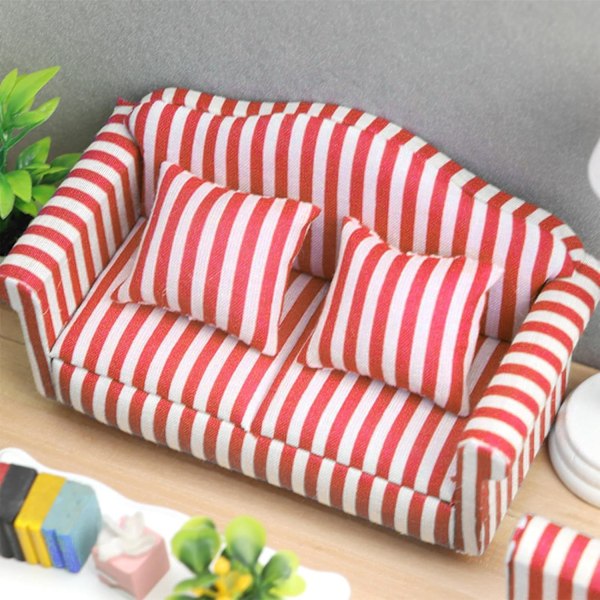 Nukkekodin sohva ja nojatuolisetti - 1:12 mittakaava Punainen ja valkoinen raidallinen miniatyyrihuonekalulelu RED double sofa