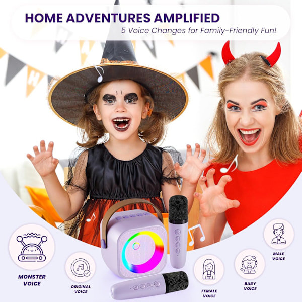 Kannettava Karaoke-laite lapsille - Bluetooth-kaiutin langattomalla mikrofonilla Purple 2 Mics