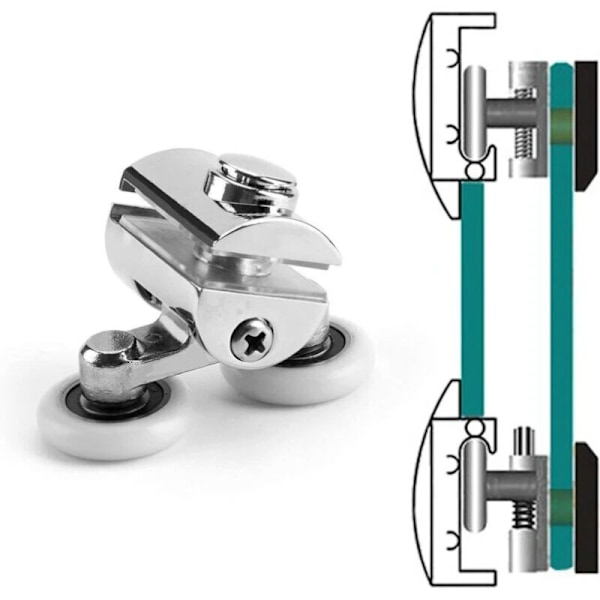 Sett med 4 doble hjul - For skyvedusjdører, 2 hjul 23 mm diameter sinklegering baderom