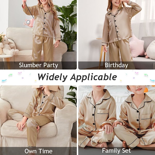Barnens siden satin pyjamas set, kortärmad knapp-down pyjamas för pojkar & flickor, mjuk nattkläder för ålder 10-13 Champagne 10-11y