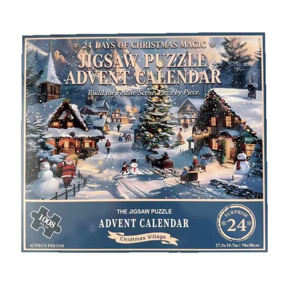 Adventskalender Puslespill 1008 Biter – Julekalender 24 Luker, Julepuslespill med Juleby for Barn & Voksne