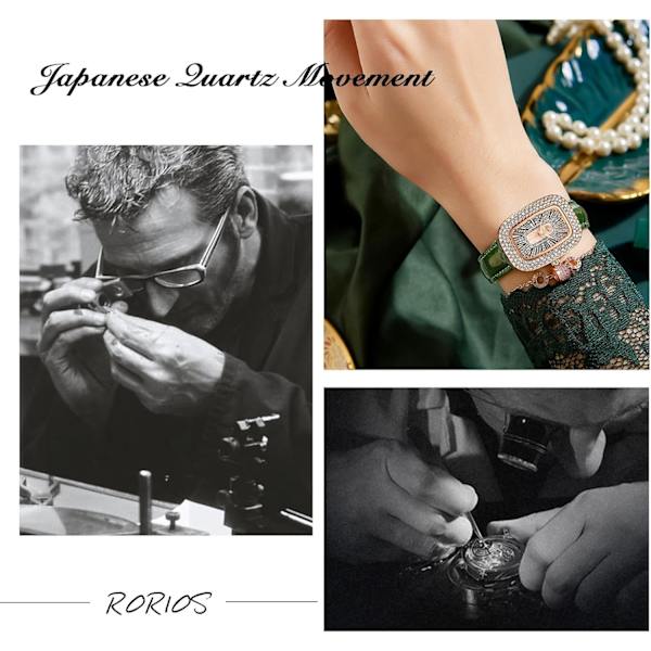 Damklocka med diamanter, analog kvarts, strass, elegant armband, läder, vattentät, grön Green