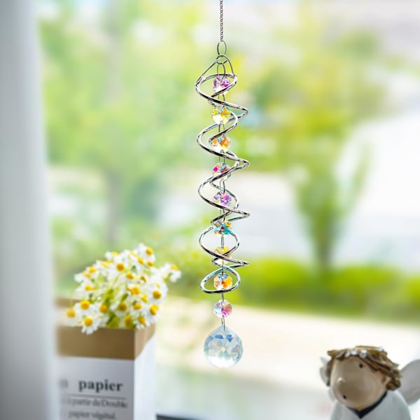 WJ12317,7 tuuman värikäs katseenvangitsija spiraalihäntä, kristalli-tuulikello aurinkosieppari, kaksoisspiraali kahdeksankulmaisilla helmillä ja ketjulla, sateenkaari 9 Colorful Beads