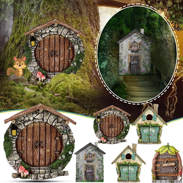 Miniature Fe-Havegårdsdør - Udendørs Fe-Hus til Træer, Havefigurer & Havepynt (Én Størrelse, E) E One size