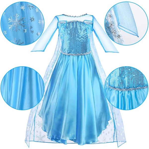 Elsa Klänning för Flickor, Kostym med Tiara och Trollstav för Jul och Halloween (3-4 År)