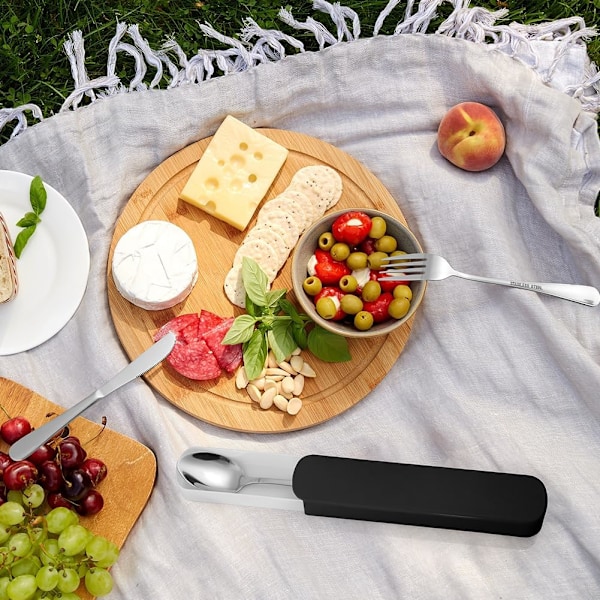 Camping Bestik Sæt, Rejsebestik, Bærbar Rustfrit Stål Bestik Sæt med Æske, til Vandreture, Rejser, Picnic, Kontor, Skole Black