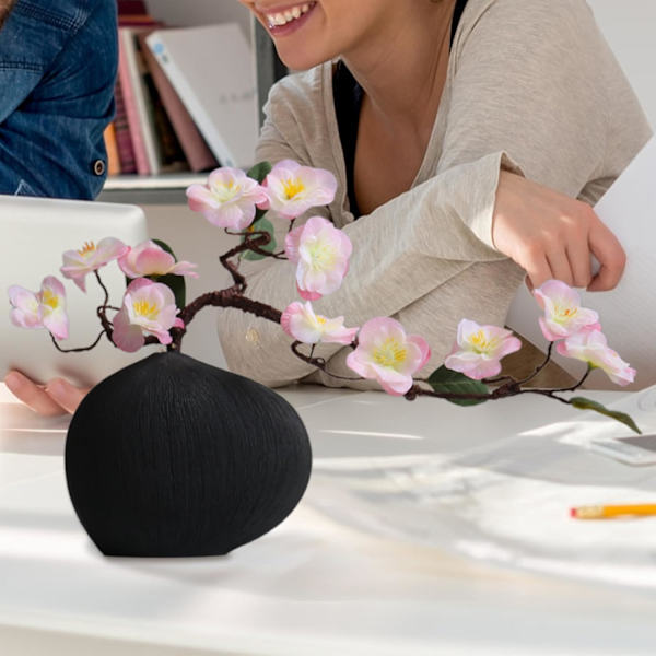 Keramisk blomkruka – geometrisk formarrangemang, vit dekorativ kruka för mantel, bokhylla Svart vas + rosa körsbärsblommor