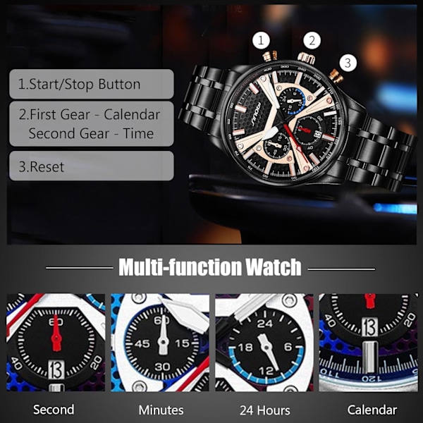 Mænds ure analog kvarts ur mode multifunktionelt armbåndsur forretningsur vandtæt til mænd mænd rustfrit stål armbåndsort Black