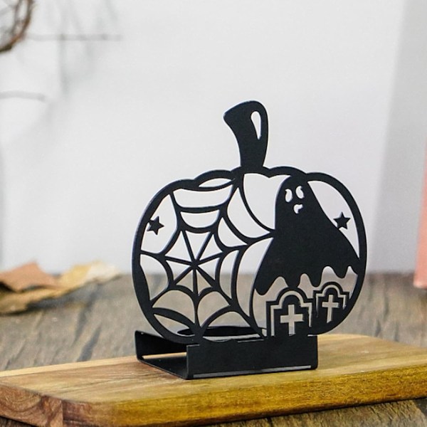 Gresskar Lysestake – Halloween Te-lys Holder med Ugle og Spindelvev Design D