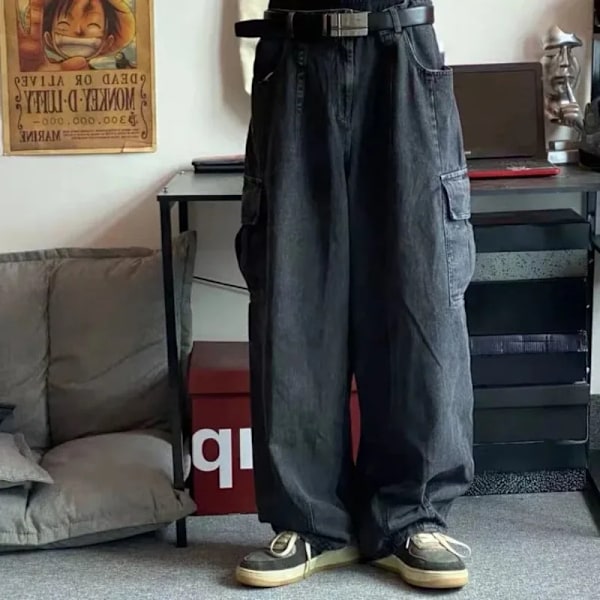 Baggy Jeans Menn Svart Bred Denim Bukser Oversize Cargo Koreansk Mote Mann Klær Streetwear Bukser Joggebukser Svart grå M (50-57.5kg)