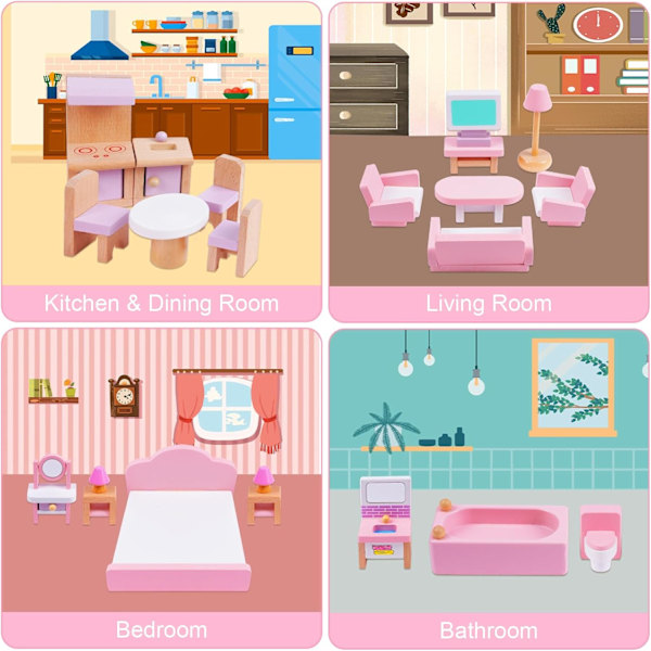 Puinen Nukkekodin Kalusteet, 20 Kpl 8 Perheen Nukkeilla & Lemmikillä, Lapsille pink