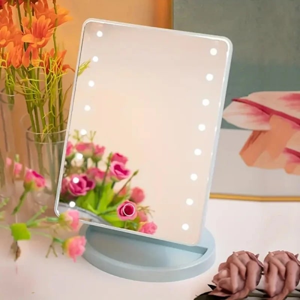 1. LED skrivebords natlampe sminkspejl skrivebord 360 graders roterende opbevaring berøringsfølsom sminkspejl Sort 22 lys