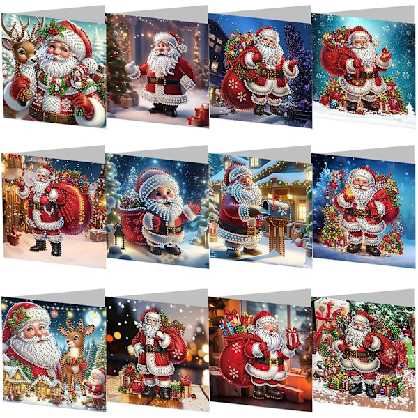 DIY Diamantkonst Julgranskort Kit, 12/8/6/4 Pack, Handgjorda Semesterkort HK049