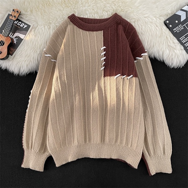 Kaffe Brun Stitching Genser Menn Høst Og Vinter Ny Amerikansk Vintage Genser Trendy Genser Rund Hals Rock Menn Klær Svart M