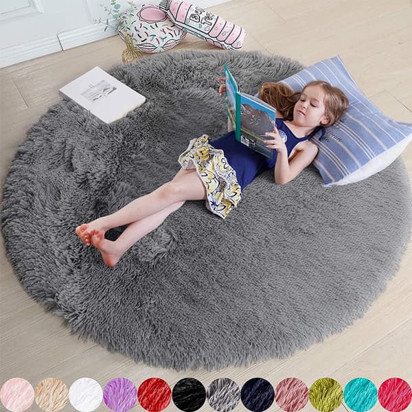 Rund matta, mjuk fluffig 4 cm lugg med gummerad baksida, för barnrum och lekrum, grå, 1,2 x 1,2 m