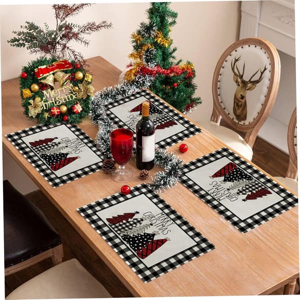 Julplacemats 12x18 tom buffelplåt 4-delt sett, vaskbare vinterbordsmatter for julebordsdekorasjonsbordsmatte