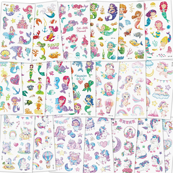 Väliaikaiset tatuoinnit lapsille, 20 kpl merenneito + yksisarvinen glittertatuoinnit, vedenkestävät irrotettavat sarjakuvatatuoinnit tytöille. 20 pc-B